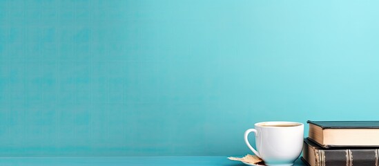 Poster - A cup of coffee sitting on top of a stack of books created with Generative AI technology