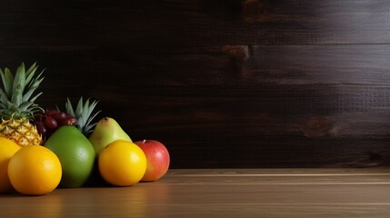 Variety of colorful Fruits in front of wooden wall with copy space generated by AI