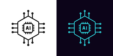 Sticker - Outline AI cpu icon, with editable stroke. Microcircuit with AI chip sign, artificial intelligence algorithms. Smart AI system for control and data analysis, processor and digital brain