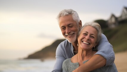 on a sunny beach, an older woman and man, dressed in casual outdoor clothing, embrace each other wit