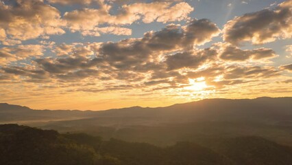 Wall Mural - hyperlapse video, 4k motion, aerial view beautiful of morning scenery golden light sunrise on high m