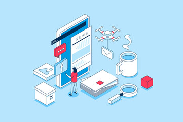 Fototapete - Mobile news concept in 3d isometric design. People using smartphones to reading breaking news, posts in social media, articles at online press. Illustration with isometry scene for web graphic