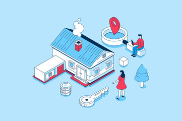Poster - real estate concept in 3d isometric design. people researching real estate market and choosing new h