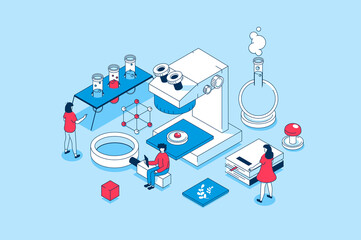 Aufkleber - Science laboratory concept in 3d isometric design. People researching blood or virus on microscope in lab, doing chemicals tests in flasks. Illustration with isometry scene for web graphic