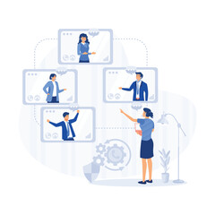 Poster - Video conference. People group on computer screen taking with colleague. Video conferencing and online communication vector concept, flat vector modern illustration