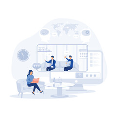 Poster - worker using computer for collective virtual meeting and group video conference. woman at desktop ch