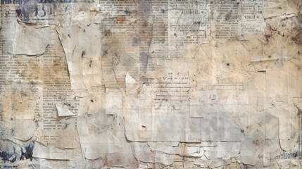 Newspaper paper grunge aged newsprint pattern background. Vintage old newspapers template texture, generative ai