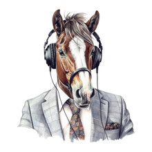 Watercolor Horse Wearing Headphones . Generative AI