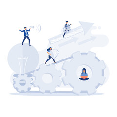 Poster - Team of businesspeople working with industrial gears or cogs in a concept of business or corporate cooperation, collaboration, teamwork, flat vector modern illustration