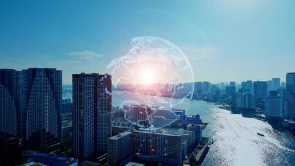 Leinwandbilder - Modern cityscape and global communication network concept. Smart city. Digital transformation. Composite visual with a drone point of view. Mixed media.