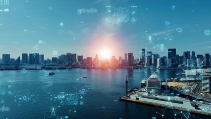 Fototapete - Modern cityscape and digital technology concept. Smart city. Digital transformation. Composite visual with a drone point of view. Mixed media.