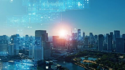 Aufkleber - Modern cityscape and digital technology concept. Smart city. Digital transformation. Composite visual with a drone point of view. Mixed media.