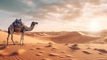 Camel In The Desert, Hot Weather. Created With Generative Ai Technology.