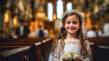 Fototapeta  - Portrait of pretty girl with first communion dress on church background , Created with Generative Ai Technology