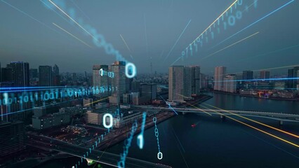 Poster - Modern cityscape and digital network concept. Telecommunication. IoT (Internet of Things). 5G. Smart city. Digital transformation. Composite visual with a drone point of view. Mixed media.
