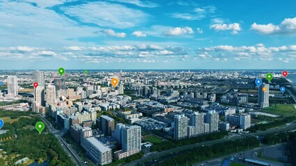 Poster - Modern cityscape and location information concept. GPS. Global Positioning System. Navigation map. Composite visual with a drone point of view. Mixed media.