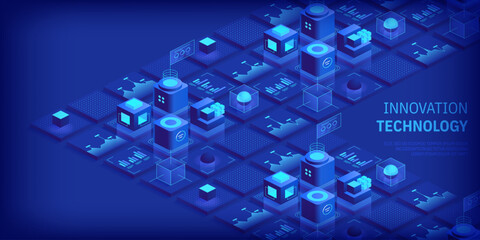 Engineering innovations design. Abstract technology background. Blockchain concept banner. Isometric digital blocks connection with each other crypto chain. Blocks and cubes Vector illustration