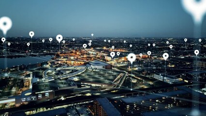 Aufkleber - Modern cityscape and location information concept. GPS. Global Positioning System. Navigation map. Composite visual with a drone point of view. Mixed media.