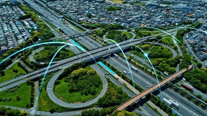 Poster - Modern highway and communication network concept. Smart transportation. ITS (Intelligent Transport Systems). Mobility as a service.Composite visual with a drone point of view. Mixed media.