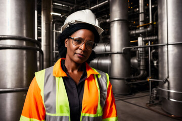 Wall Mural - Digital portrait of a senior successful confident professional female Petrochemical engineer standing in a a Chemical plant. Concept of active age. Generative AI