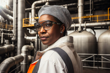 Digital portrait of a senior successful confident professional female Petrochemical engineer standing in a a Chemical plant. Concept of active age. Generative AI