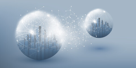 Poster - Futuristic Smart City, IoT and Cloud Computing Design Concept with Polygonal Mesh, Cluster, Nodes - Complex Hyper Fast Digital Network Connections Between Cities, Global Technology Vector Background