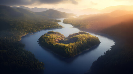 A heart-shaped lake forest mountain, morning sunlight 