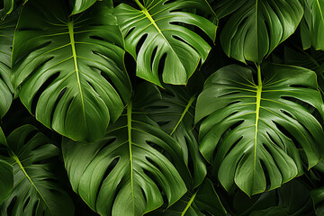 Wall Mural - Green leaves of monstera plant, summer background. Generative AI