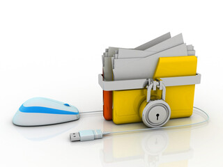 Poster -  3D rendering Yellow folder protection lock connected mouse . Data security concept
