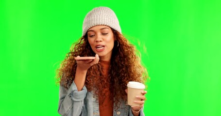 Aufkleber - Speaker, phone call and happy woman in green screen studio with coffee while speaking on mockup background. Smartphone, app and female person with voice to text speech for recording, message or chat