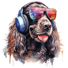 Watercolor Cocker Spaniel Dog Wearing Headphones . Generative AI