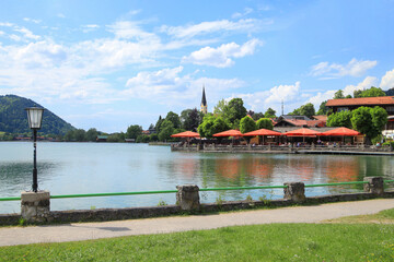 Wall Mural - Beautiful view in summer to Schliersee with the beach promenade in Bavaria - Germany