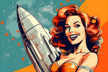 retro comic pin-up: sexy girl astronaut on rocket - outer space adventure. generative ai