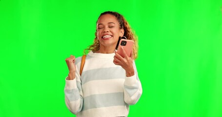 Aufkleber - Happy woman, phone and dance for good news on green screen in celebration against a studio background. Excited female person dancing with smile and smartphone for winning, sale or discount on mockup