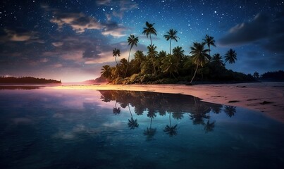 Wall Mural -  a tropical island with palm trees and a star filled sky.  generative ai