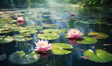  A Pond With Water Lilies And Leaves Floating On It.  Generative Ai
