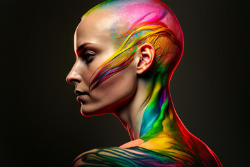 Wall Mural - Woman portrait with rainbow tatoo on black background, fictitious person. AI generated image