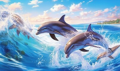 Wall Mural -  a painting of two dolphins jumping out of the water together.  generative ai