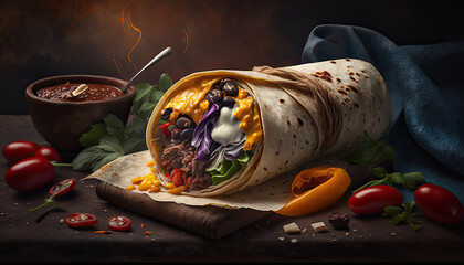 Wall Mural - Burritos wraps with beef and vegetables on black background. Beef burrito, mexican food - Generative AI