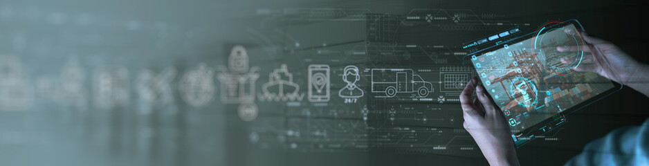 Poster - Manager worker using tablet on logistic network distribution and tracking delivery on smart transportation networking intelligent logistics of container cargo, Logistic import export and industry