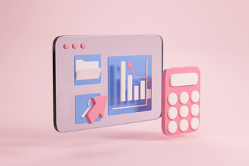 Poster - Computer screen with business graph and accounting, calculator mockup