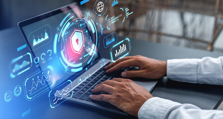 Poster - Man hands typing on laptop with cybersecurity interface