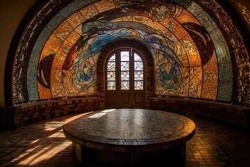 Sticker - stunning mosaic and stained glass window, with a view of the outside world, brings in natural light and color, created with generative ai