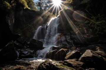 Poster - waterfall, with the sun shining through the cascading water and onto the rocks below, created with generative ai