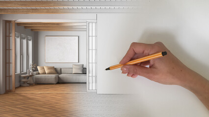 Aufkleber - Architect interior designer concept: hand drawing a design interior project while the space becomes real, minimal japandi living room with sofa. Mockup with copy space