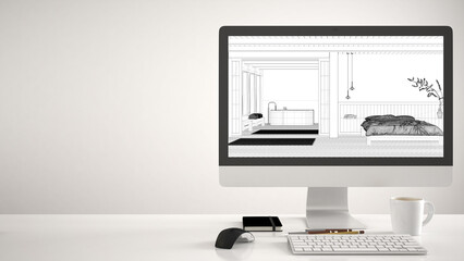 Aufkleber - Architect house project concept, desktop computer on white background, work desk showing CAD sketch, minimal japandi bedroom with bathtub interior design