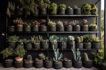 Canvas Print - vertical garden with succulent and cacti mix in black pots, created with generative ai