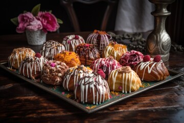 Wall Mural - a platter of freshly baked pastries, drizzled with icing and topped with intricate piping, created with generative ai