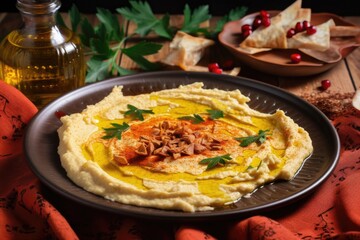 Wall Mural - plate of creamy hummus drizzled with olive oil and sprinkled with paprika, created with generative ai