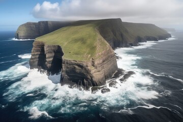 Canvas Print - remote island surrounded by towering cliffs, with crashing waves in the background, created with generative ai